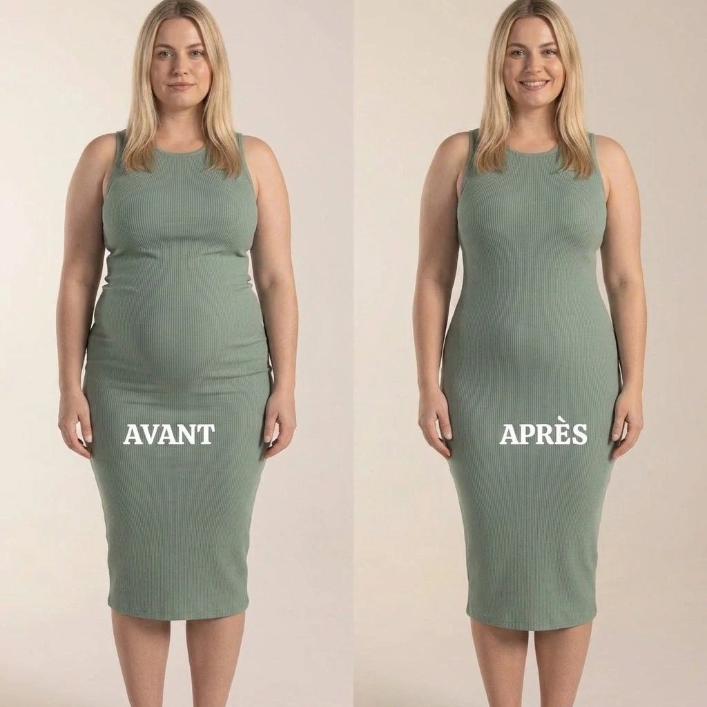 Avant / après sous une robe vert sauge