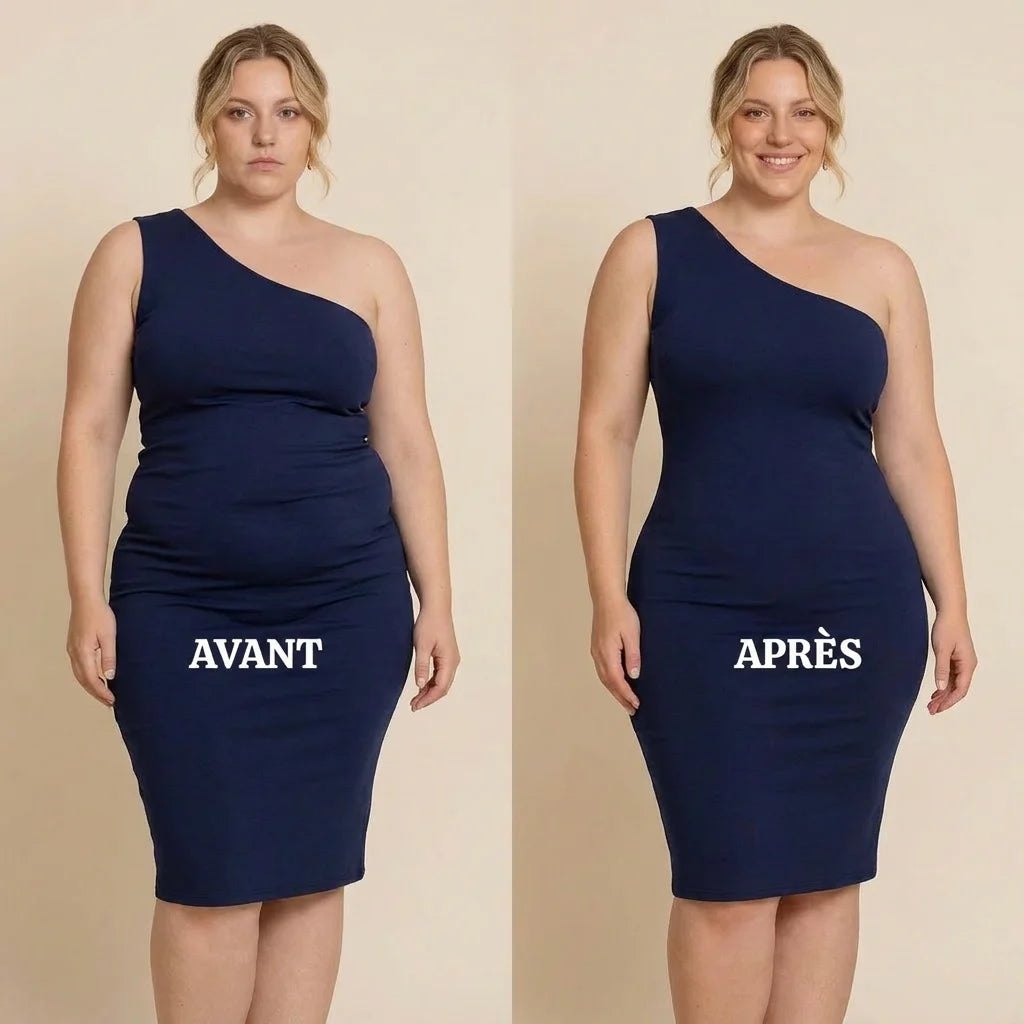 Avant / après sous une robe bleu marine